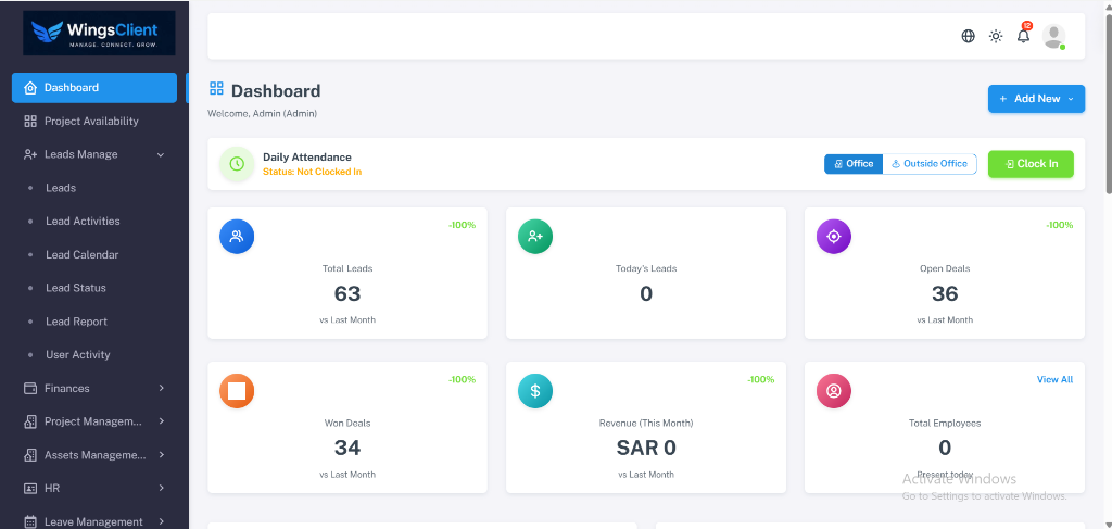 WingsClient Real Estate Executive CRM Dashboard with Real-time Lead and Revenue Counters