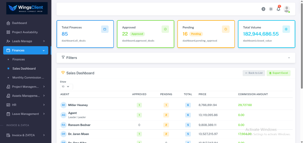 WingsClient CRM Real Estate Sales Finance Volume and Approved Deals Dashboard