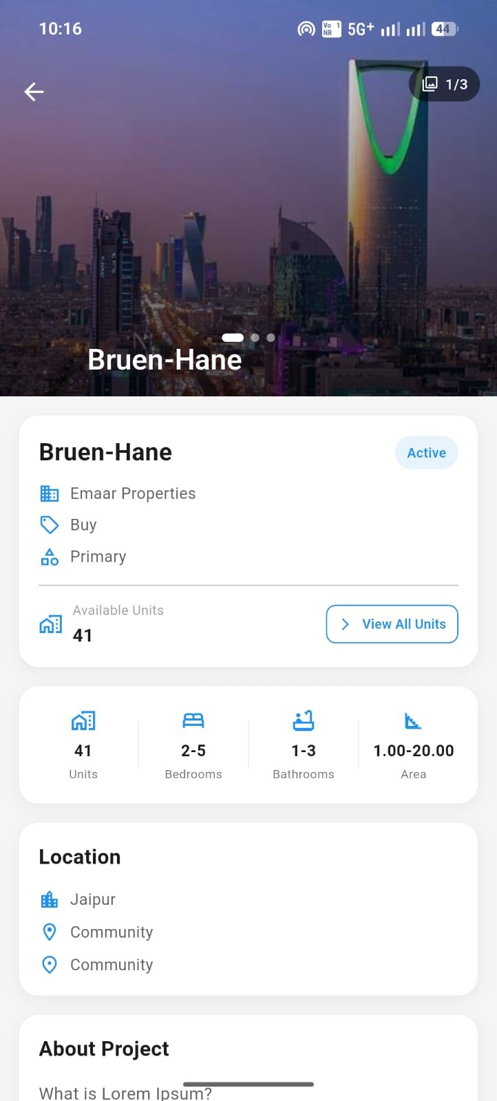WingsClient Mobile Project Details Screen with Tower Gallery, Specs, and Location Overview