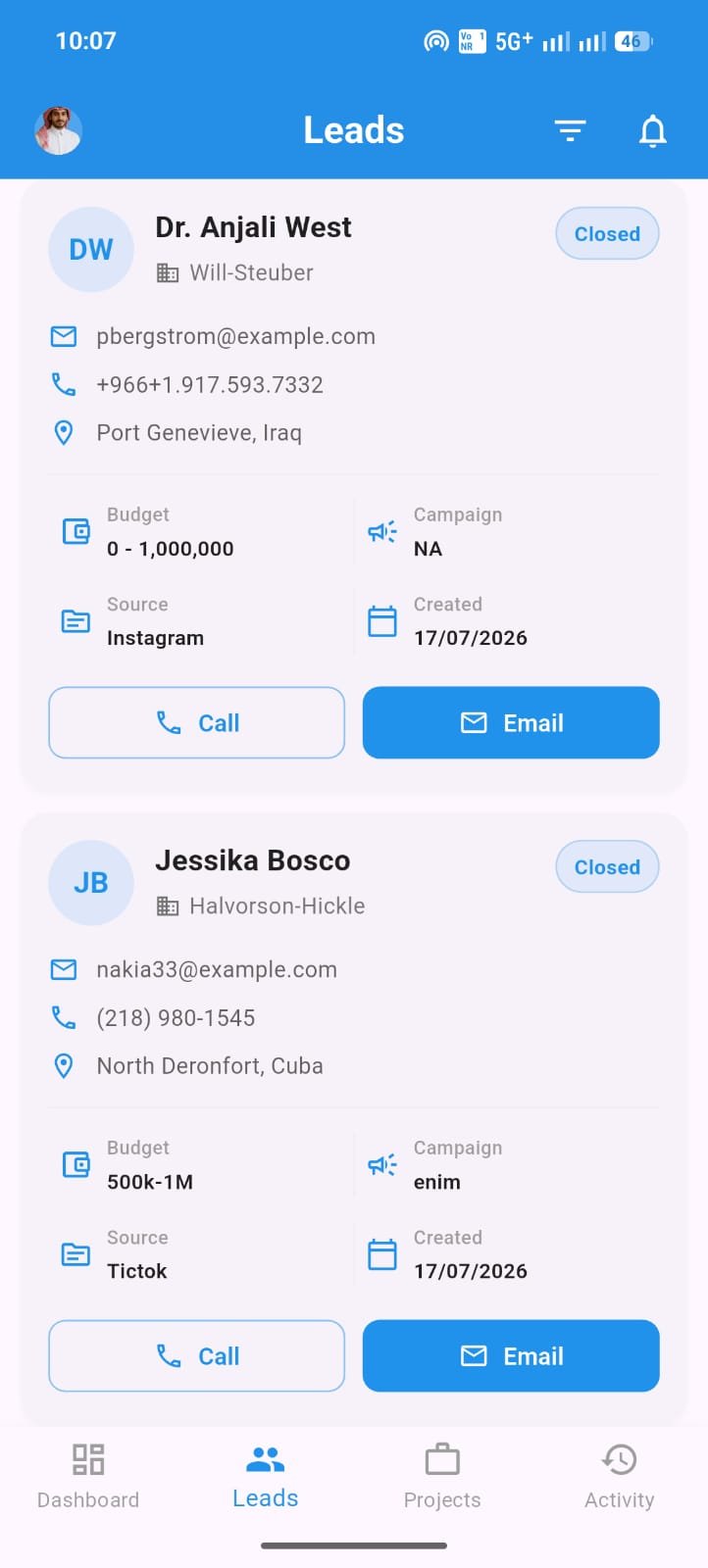WingsClient Mobile CRM Lead Management Cards with Direct Call and Email Buttons