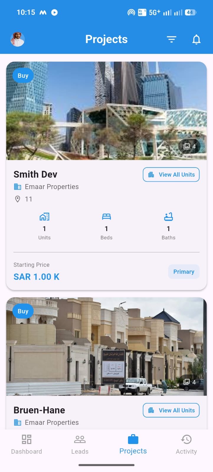 WingsClient Mobile Real Estate Projects List with Developer Details and Starting Prices