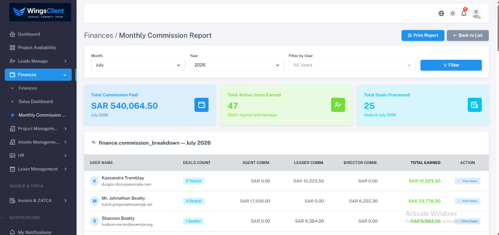 WingsClient Monthly Commission Breakdown Report and Agent Payouts
