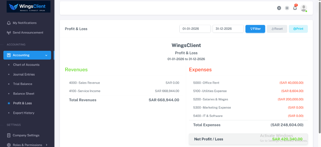 WingsClient Official ZATCA VAT Return Tax Reports