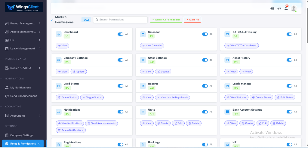 WingsClient 202 Granular Module Permissions Matrix